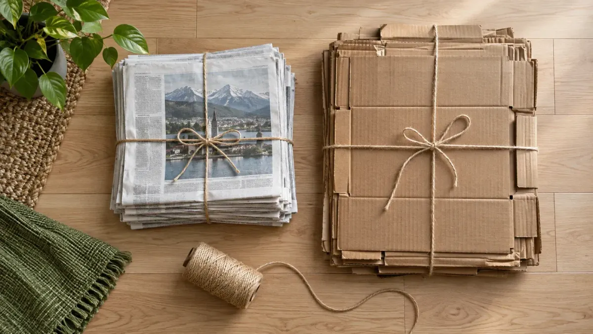 Ordentlich verschnürter Papierstapel und getrenntes Kartonbündel mit einer Rolle Schnur von oben.