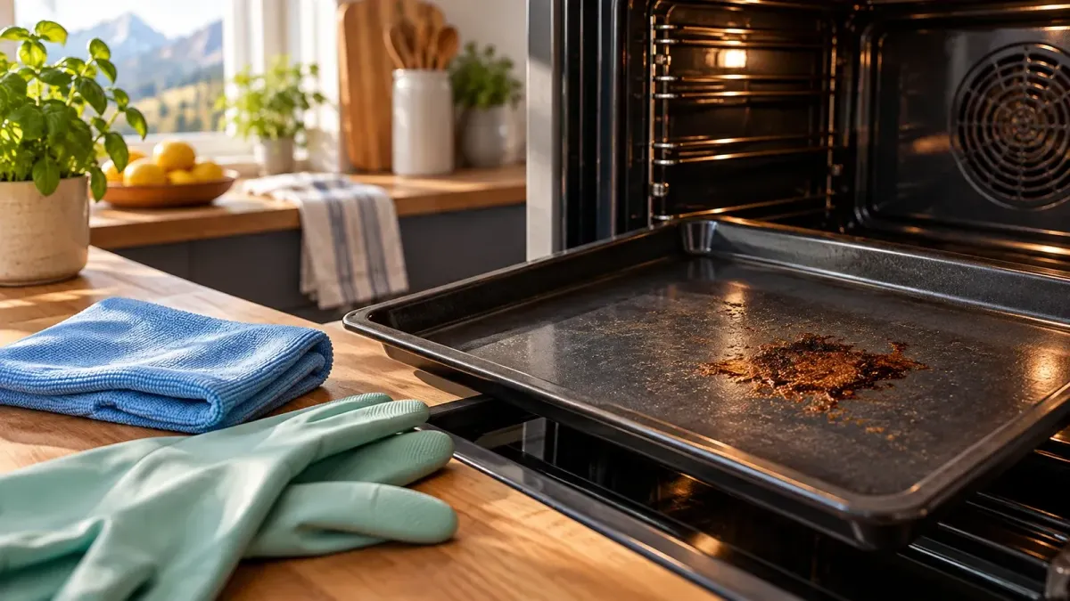 Geöffneter Backofen mit Backblech, weichem blauem Reinigungstuch und Haushaltshandschuhen.