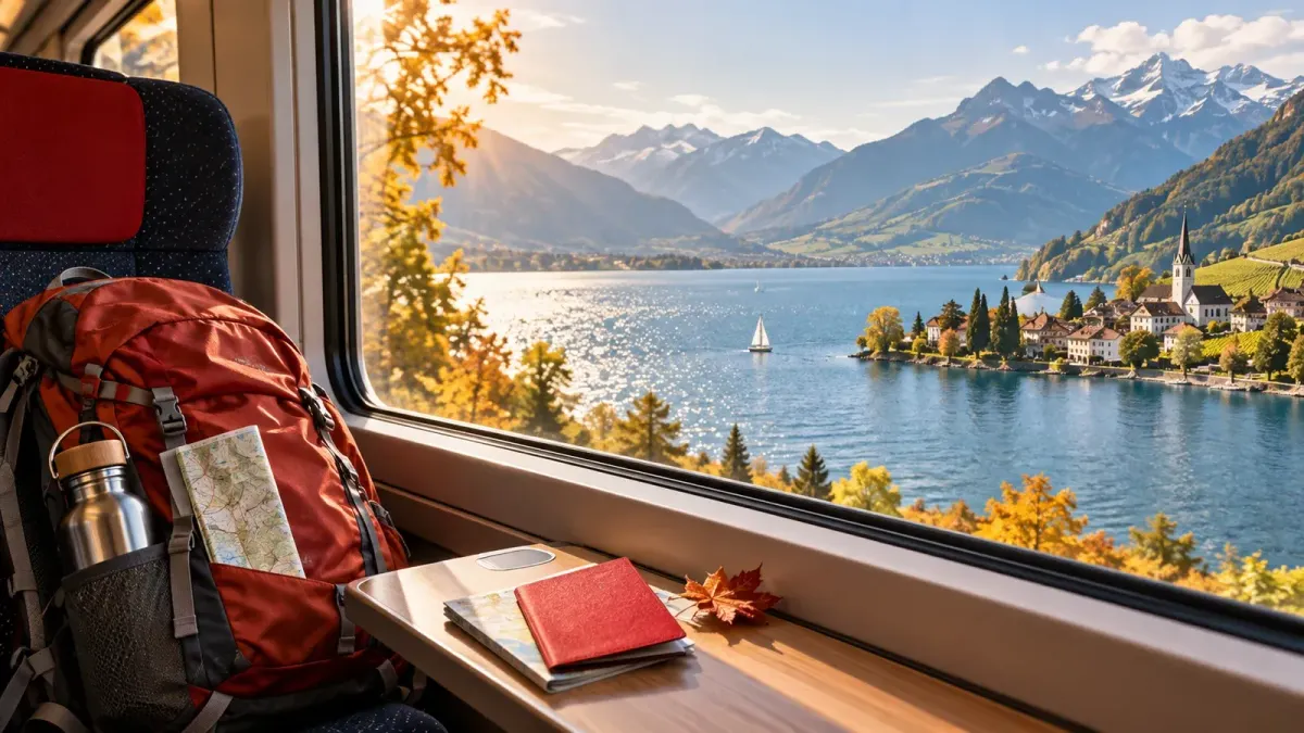 Blick aus einem Zugfenster auf eine Schweizer Seenlandschaft, im Vordergrund Rucksack und rote Reisekarte.
