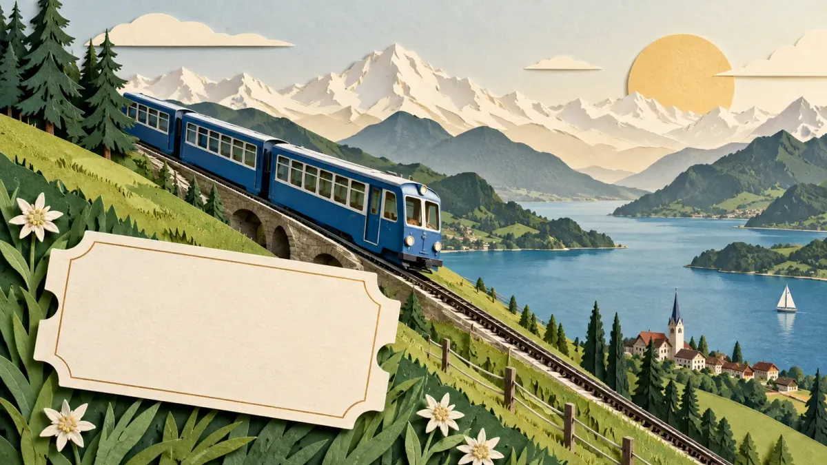 Stilisierte blaue Zahnradbahn vor geschichteten Schweizer Bergsilhouetten und einem neutralen Billett.