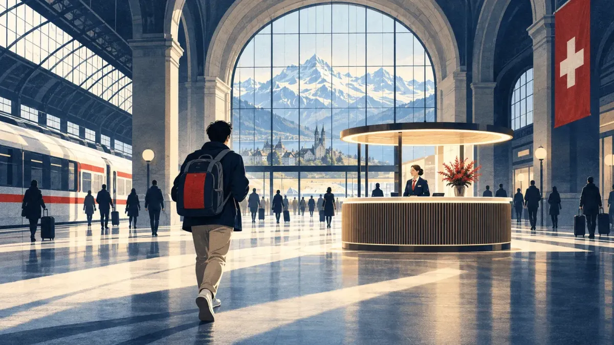 Illustration einer Bahnhofsszene mit einer Person auf dem Weg zu einem besetzten Servicepunkt.