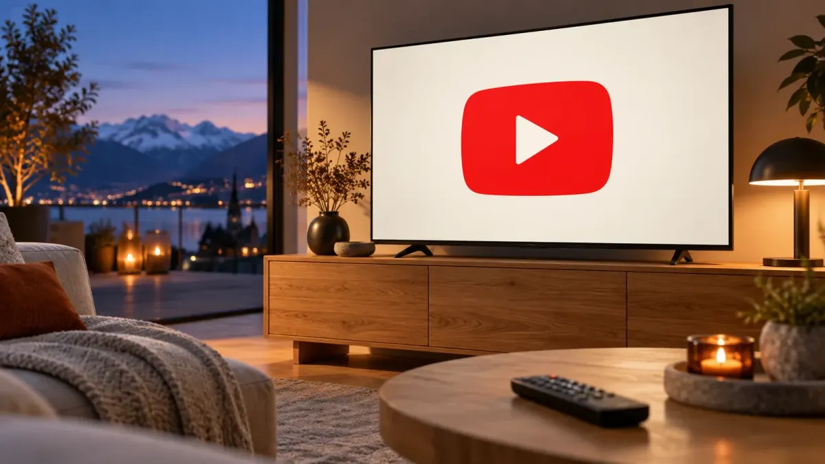 Minimalistisches Wohnzimmer mit Fernseher, rotem Wiedergabesymbol und Fernbedienung auf einem Beistelltisch.