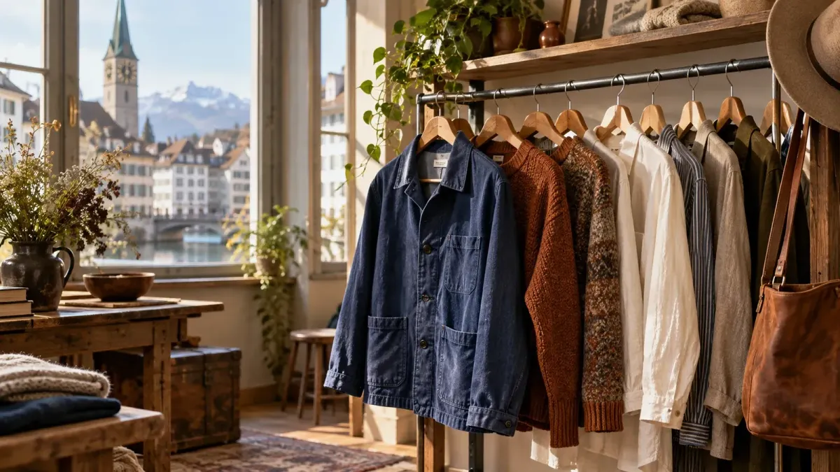 Kuratierte Auswahl von Vintage-Jacken, Hemden und Accessoires in einem warm beleuchteten kleinen Kleiderladen.