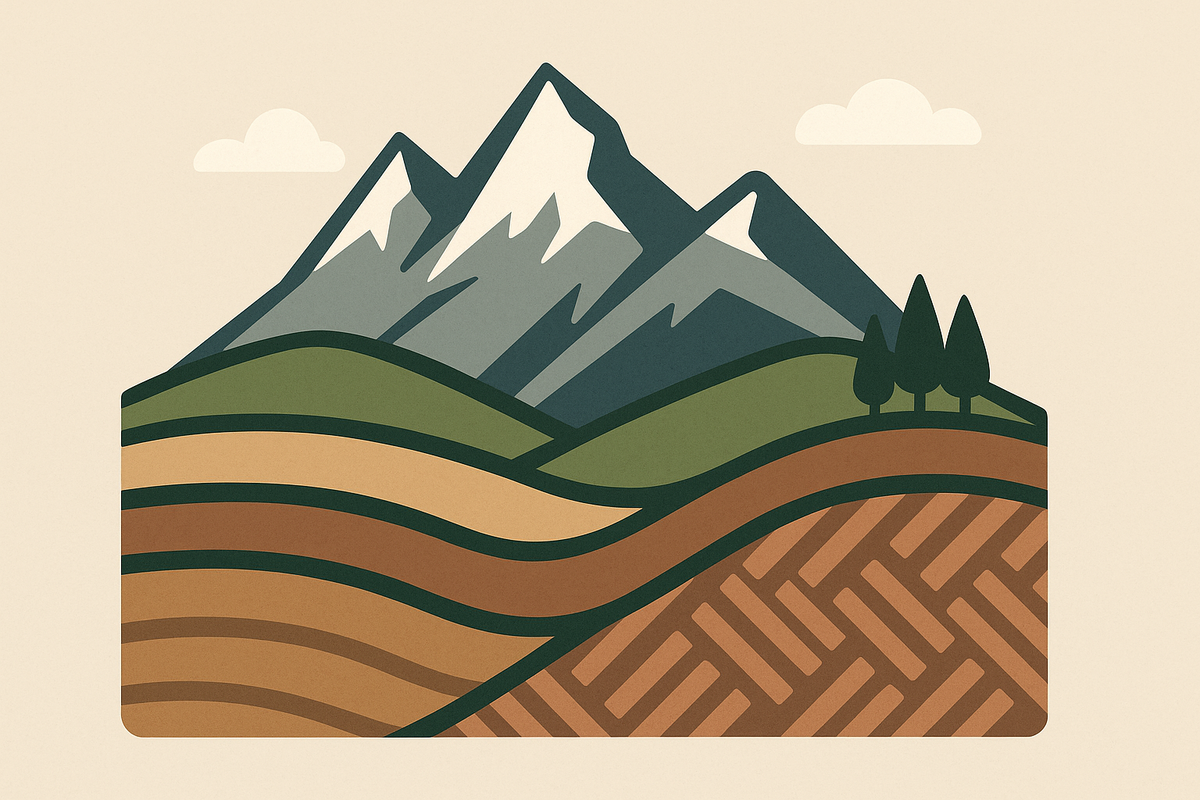 Berge und Felder in sanften Farben