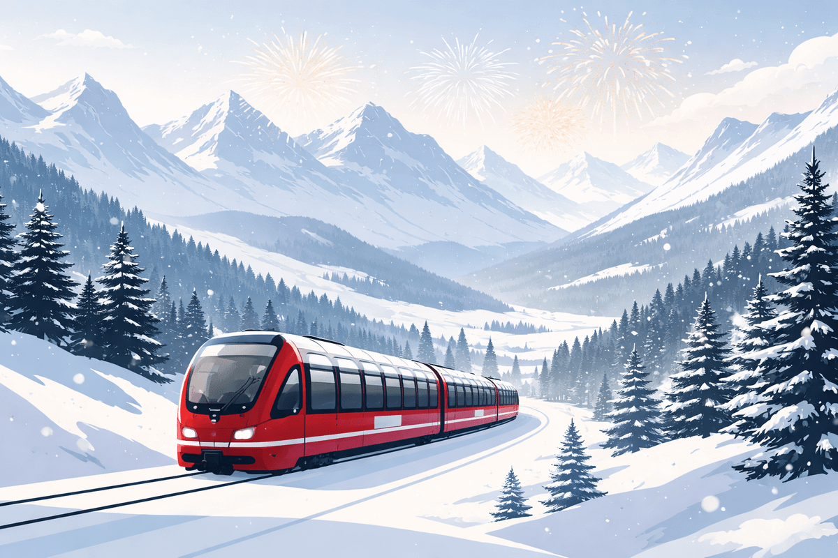 Zug fährt durch verschneite Berge.