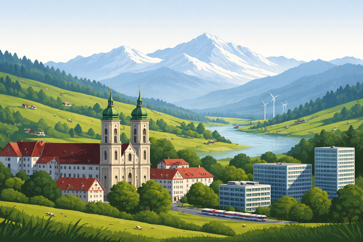 Berglandschaft mit Stadt und Kirche
