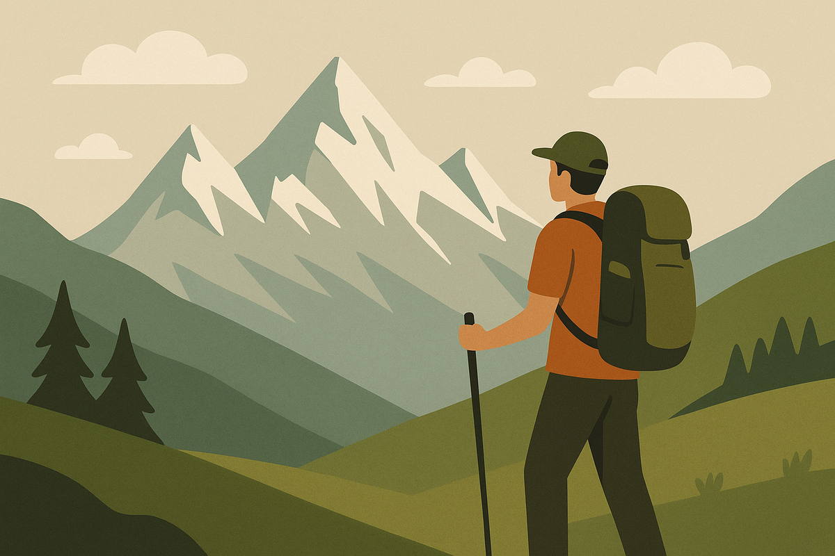 Wanderer betrachtet majestätische Berge.