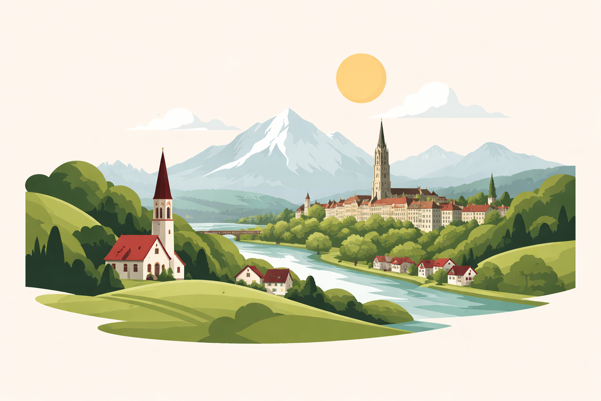 Berglandschaft mit Fluss und Dorf