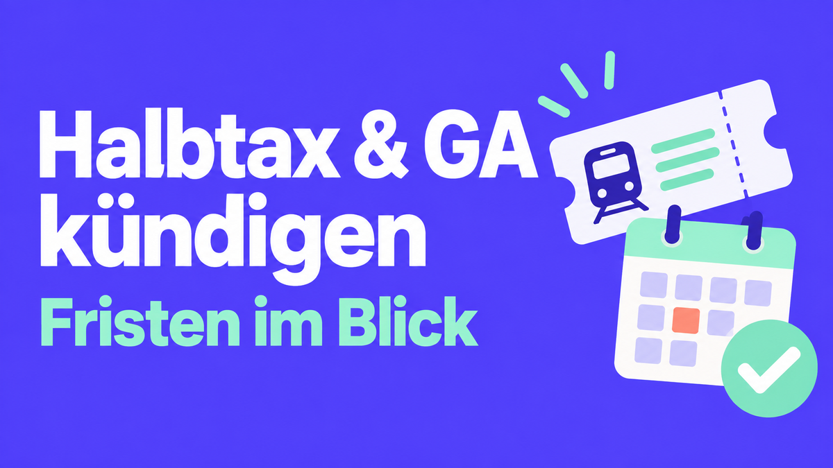 Flache 2D-Illustration mit Bahnbillett, Kalender und Haken zur Kündigung von Halbtax und GA.
