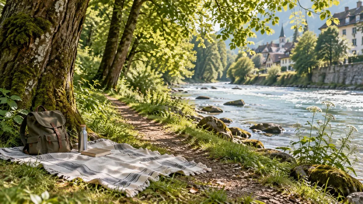 Ein Picknick mit Rucksack, Buch und Trinkflasche liegt an einem grünen Weg am Fluss.