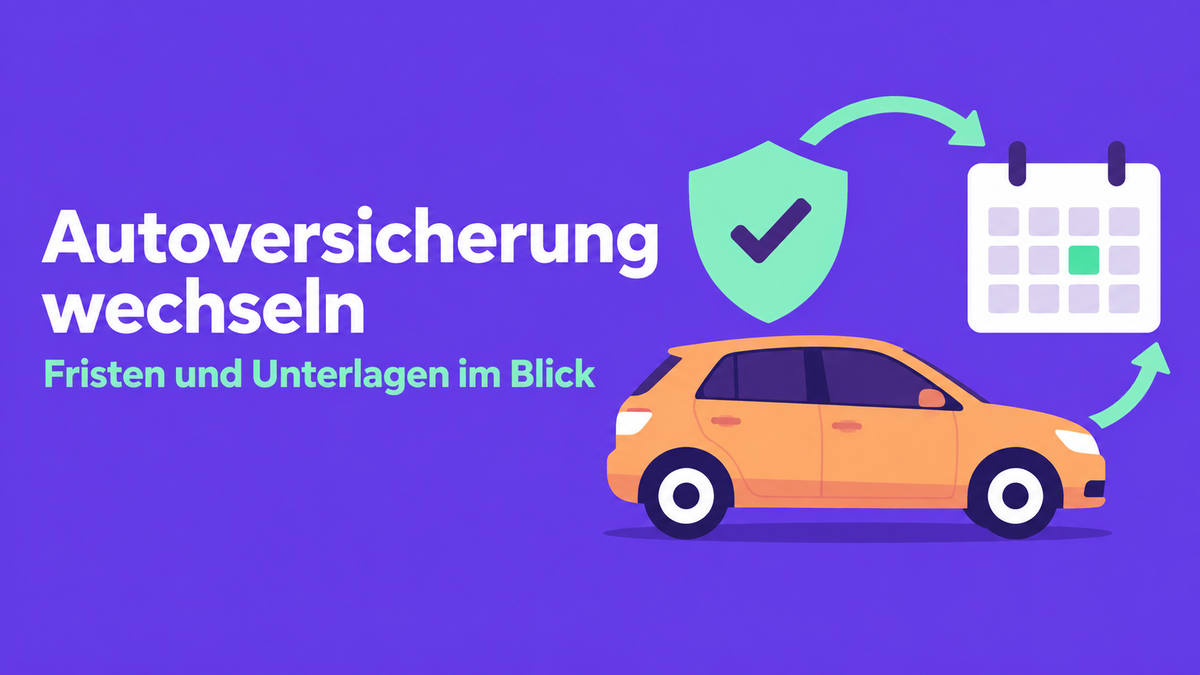 Flache 2D-Illustration mit Auto, Schutzschild und Kalender zum Versicherungswechsel.