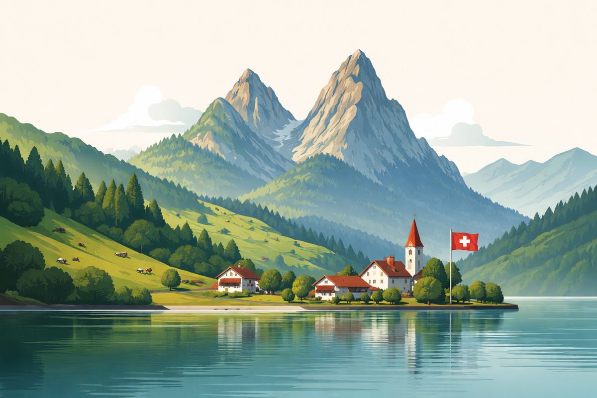 See, Dorf, Berge, Schweizer Flagge