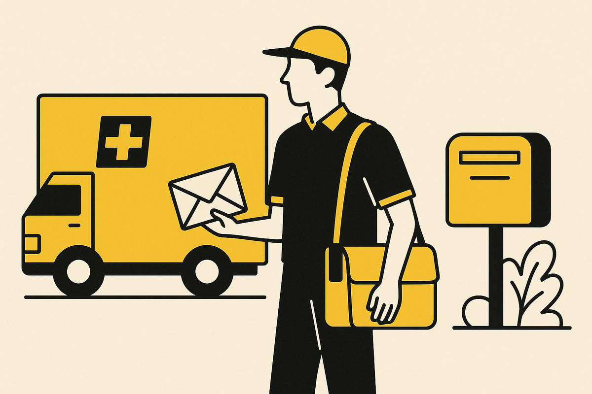 Postbote mit Brief und Lieferwagen