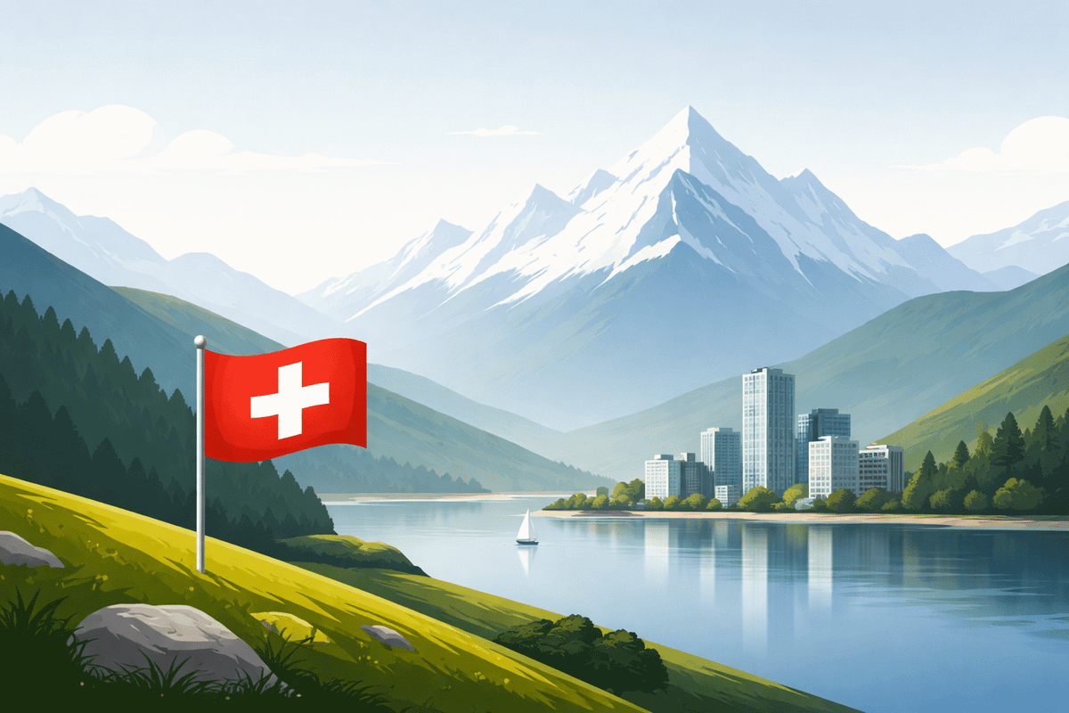 Schweizer Landschaft mit Flagge und Bergen