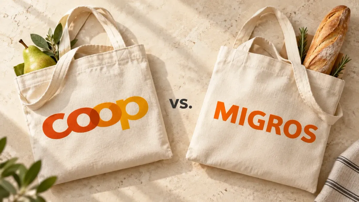 Zwei Stofftaschen mit Coop- und Migros-Logo, Birne und Baguette auf hellem Stein.