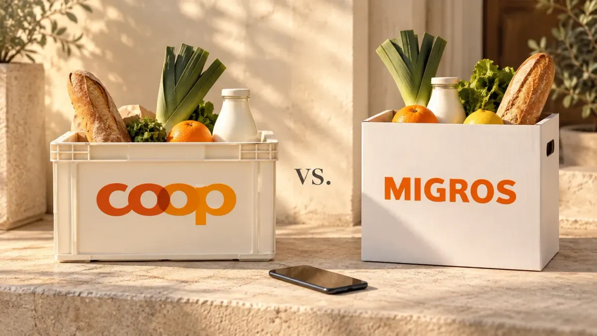 Lebensmittel in einer hellen Coop-Kiste und einem Migros-Karton auf einer sonnigen Türschwelle, davor ein Smartphone.