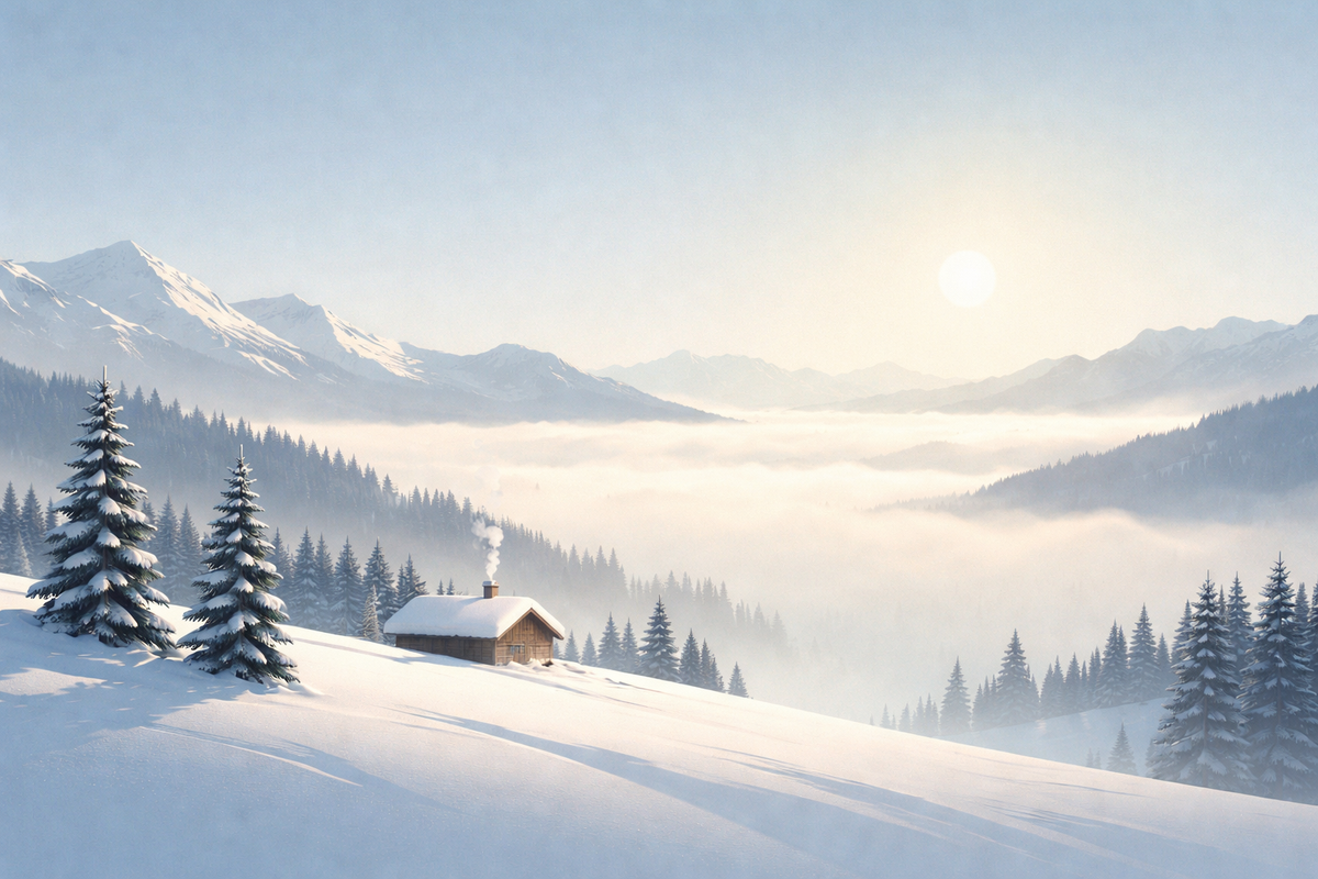 Schneebedeckte Landschaft mit Hütte