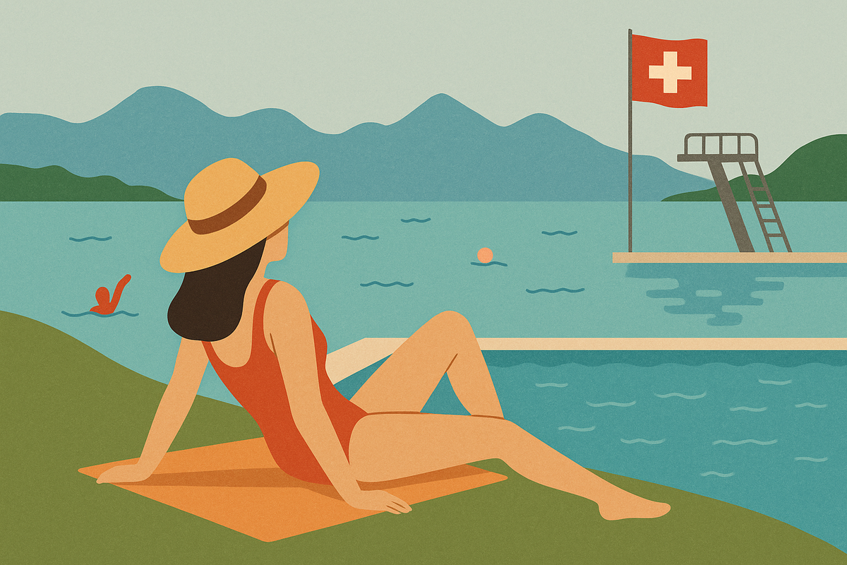 Frau am See mit Schweizer Flagge