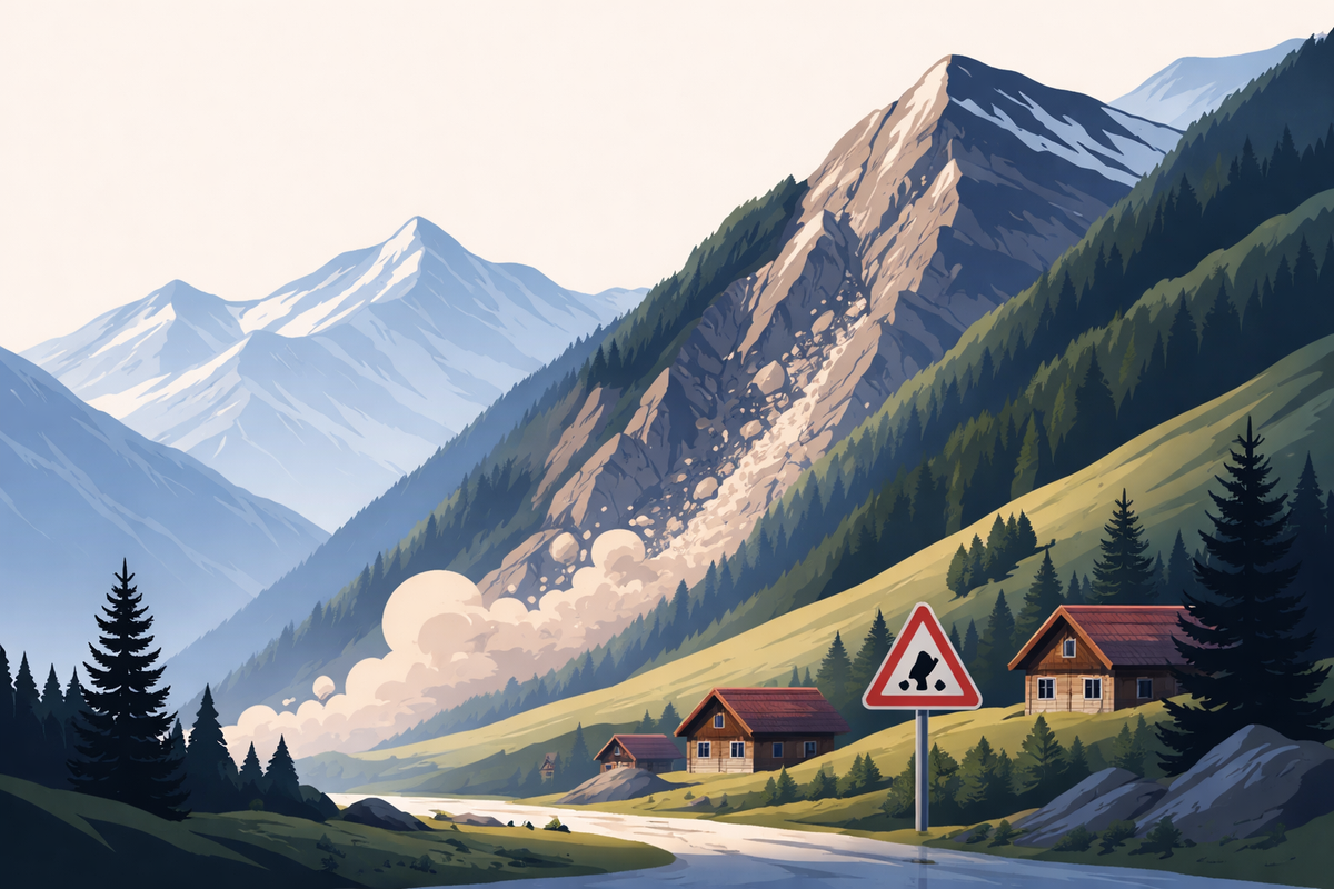 Alpenlandschaft mit Häusern und Warnschild