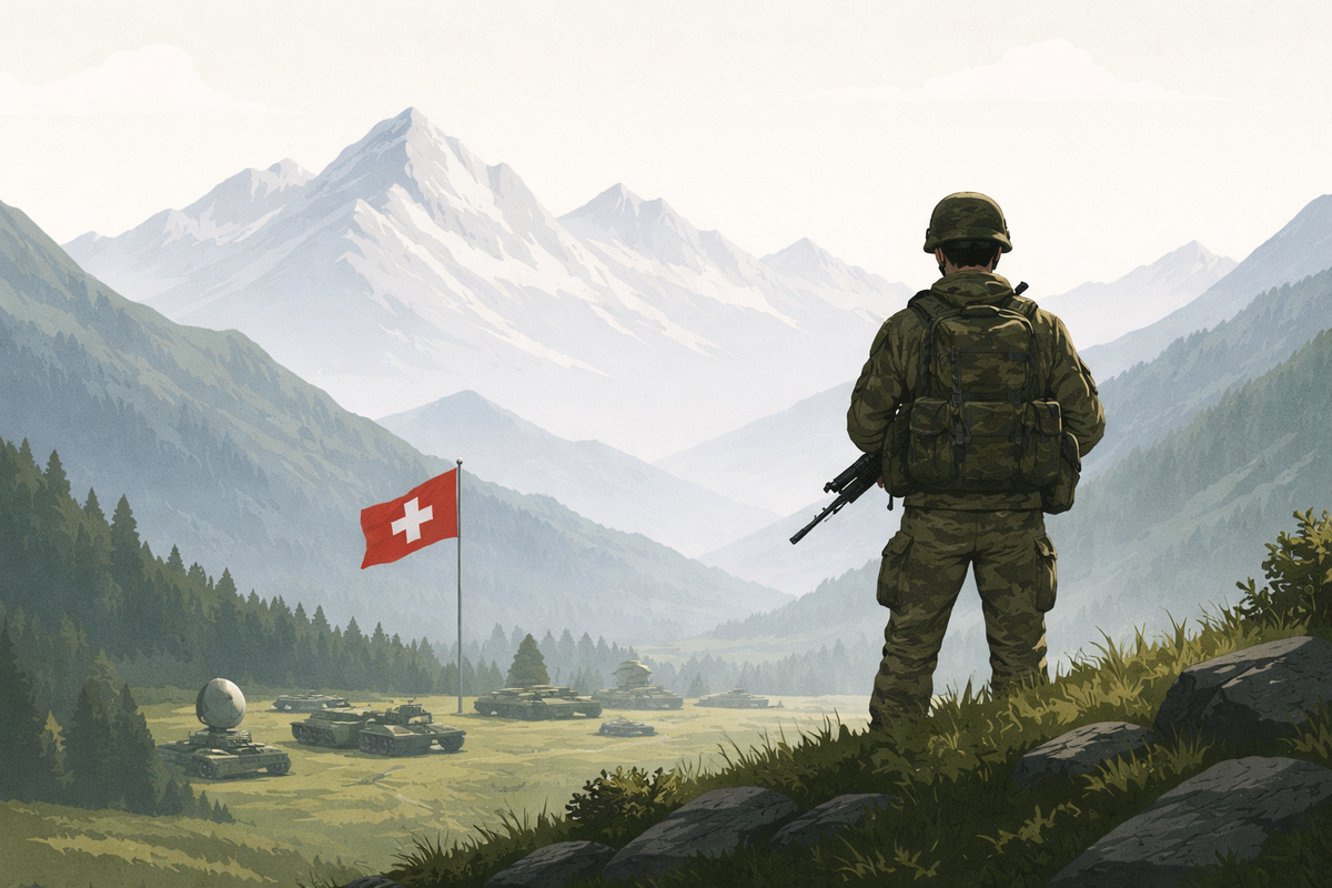 Soldat mit Schweizer Flagge in Landschaft