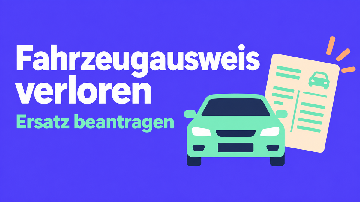 Flache Illustration eines Autos und eines Fahrzeugdokuments mit dem Titel Fahrzeugausweis verloren.