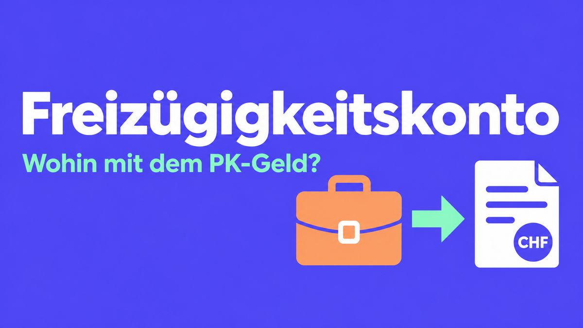 Flache 2D-Illustration mit Aktentasche, Pfeil und Vorsorgedokument zum Freizügigkeitskonto.