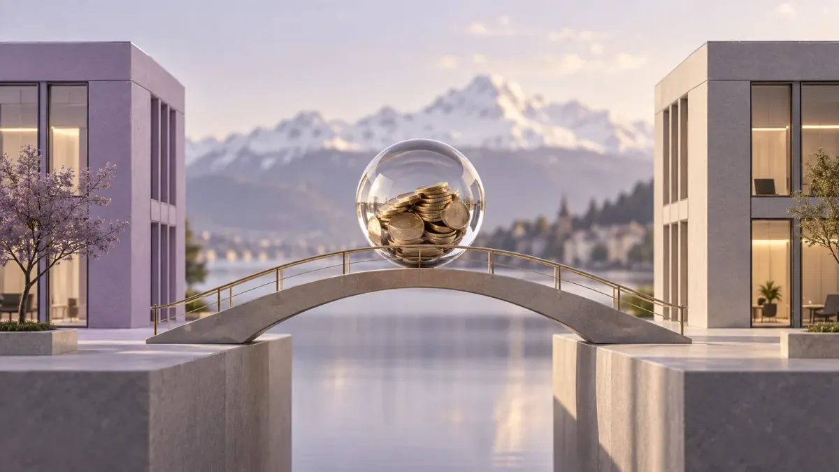 Eine gläserne Kugel mit Münzen steht auf einer Brücke zwischen zwei stilisierten Bürogebäuden.