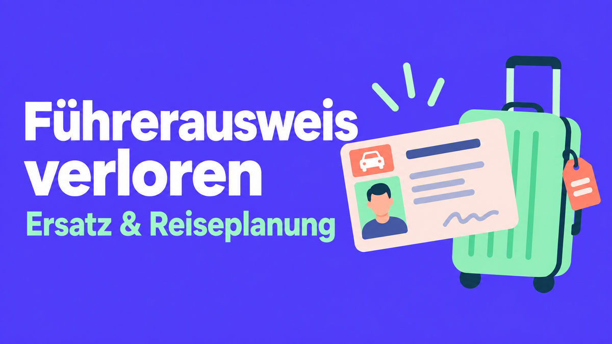 Flache Illustration einer Führerausweiskarte und eines Reisekoffers auf violettem Hintergrund.