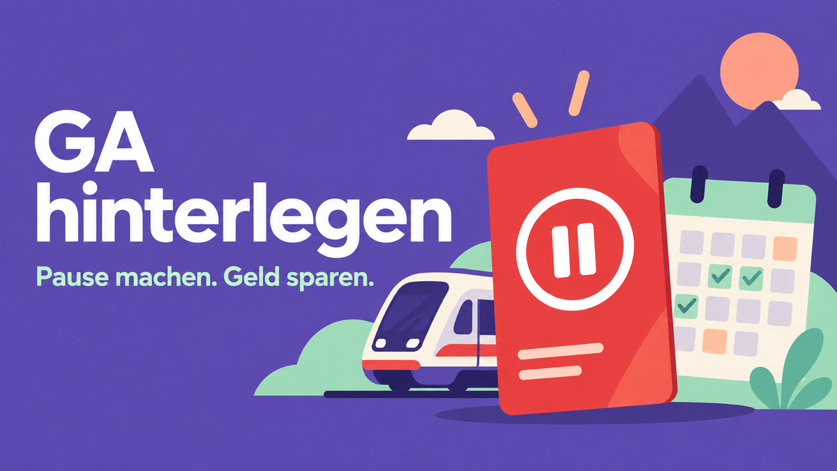 Flache 2D-Illustration mit Fahrkarte, Kalender und Zug zur Hinterlegung des GA.