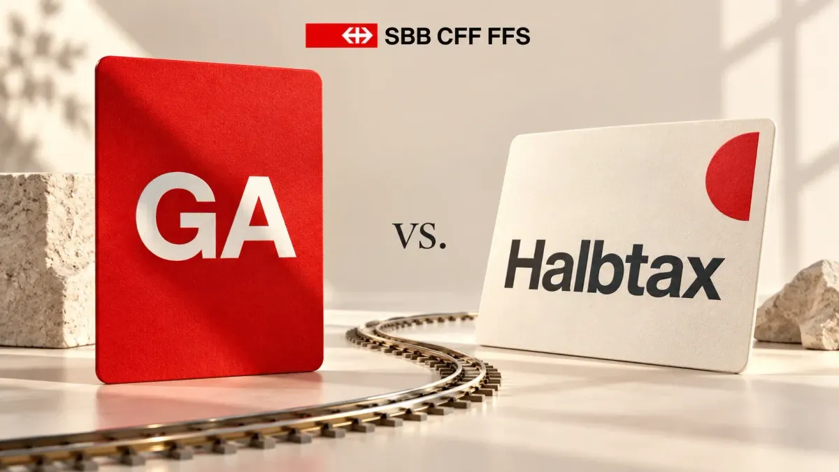 Rote GA-Karte und helle Halbtax-Karte als symbolische Objekte über einer geschwungenen Modellbahnstrecke.