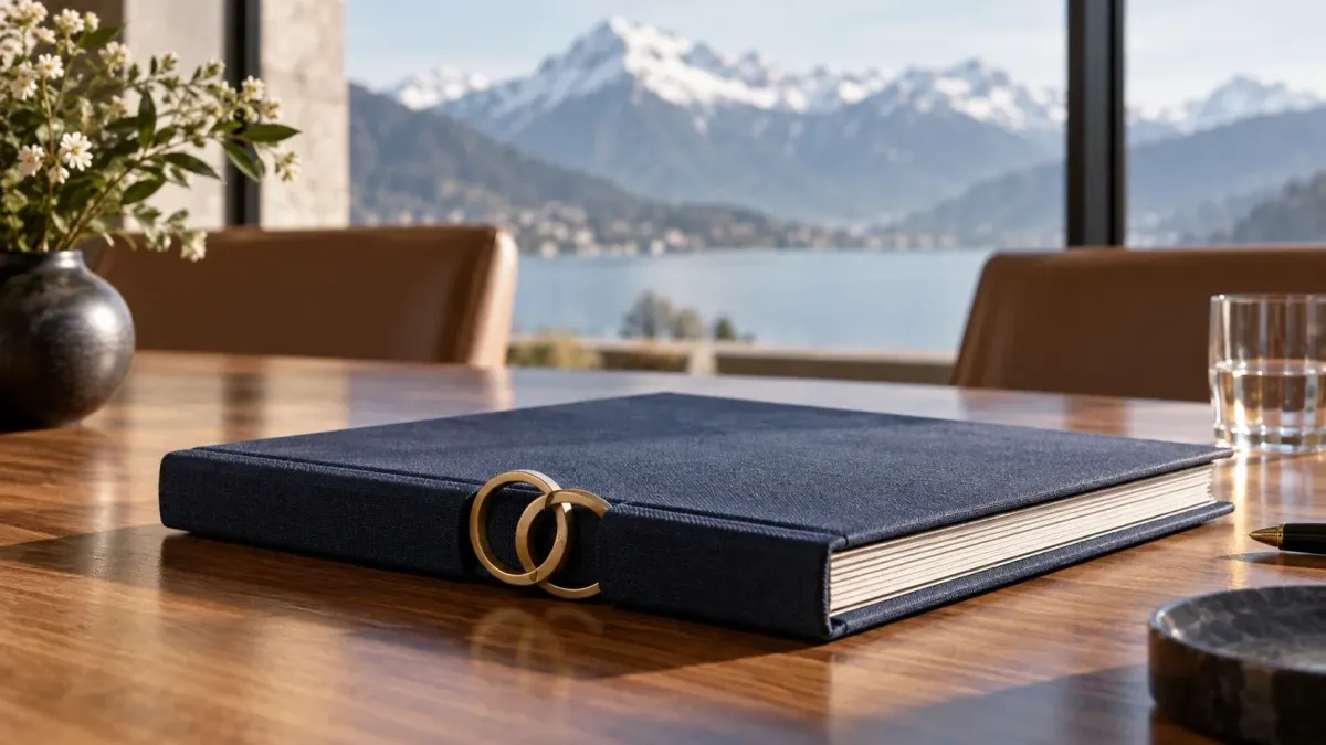 Ein dunkelblaues Vertragsbuch liegt mit zwei ineinandergreifenden goldfarbenen Ringen auf einem Holztisch.