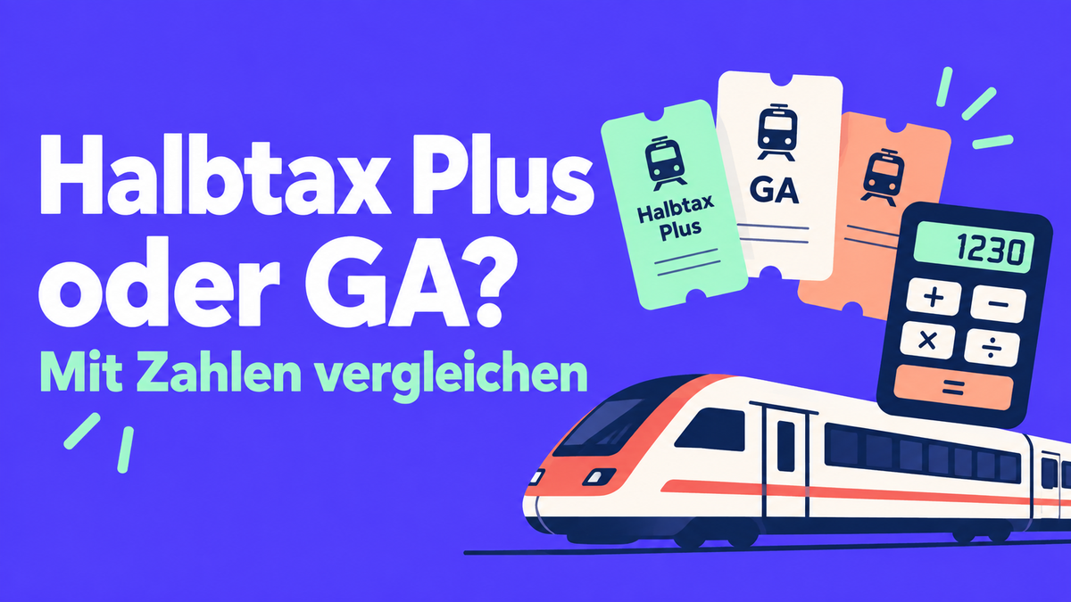 Flache 2D-Illustration mit Zug, Rechner und Billetten zum Vergleich von Halbtax Plus und GA.