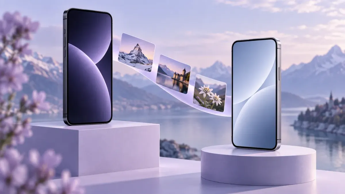 Zwei Smartphones mit einer geschwungenen Verbindung aus kleinen Bildkacheln.