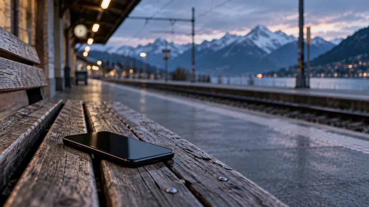 Ein dunkles Smartphone liegt auf einer Holzbank an einem ruhigen Bahnperron.