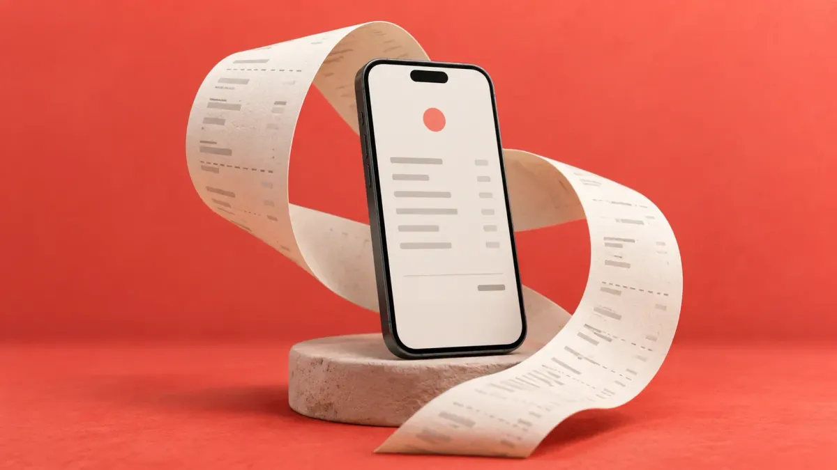 Ein Smartphone ist von einer geschwungenen Papierrolle mit abstrakten Rechnungszeilen umgeben.