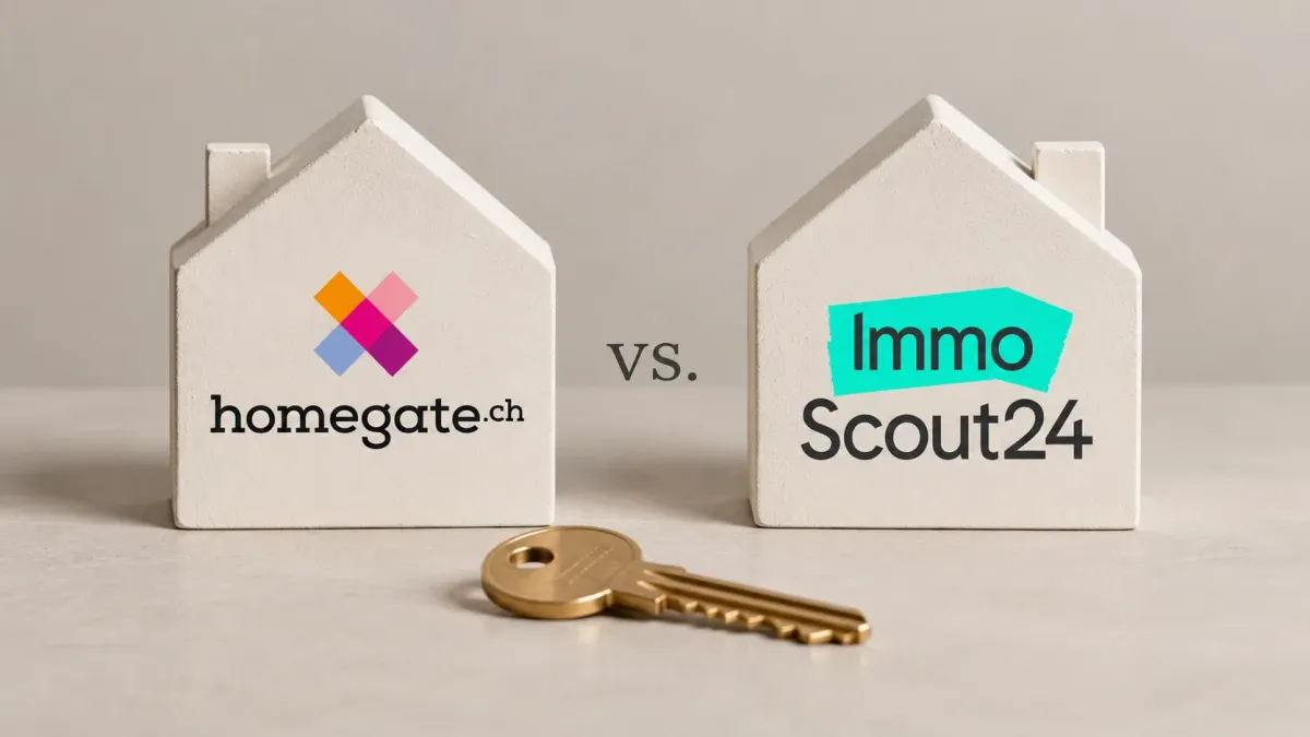 Zwei minimalistische Hausmodelle mit Homegate- und ImmoScout24-Logo und einem Wohnungsschlüssel.