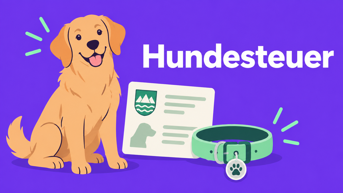 Flache 2D-Illustration eines Hundes mit Halsband und Registrierungsunterlagen.