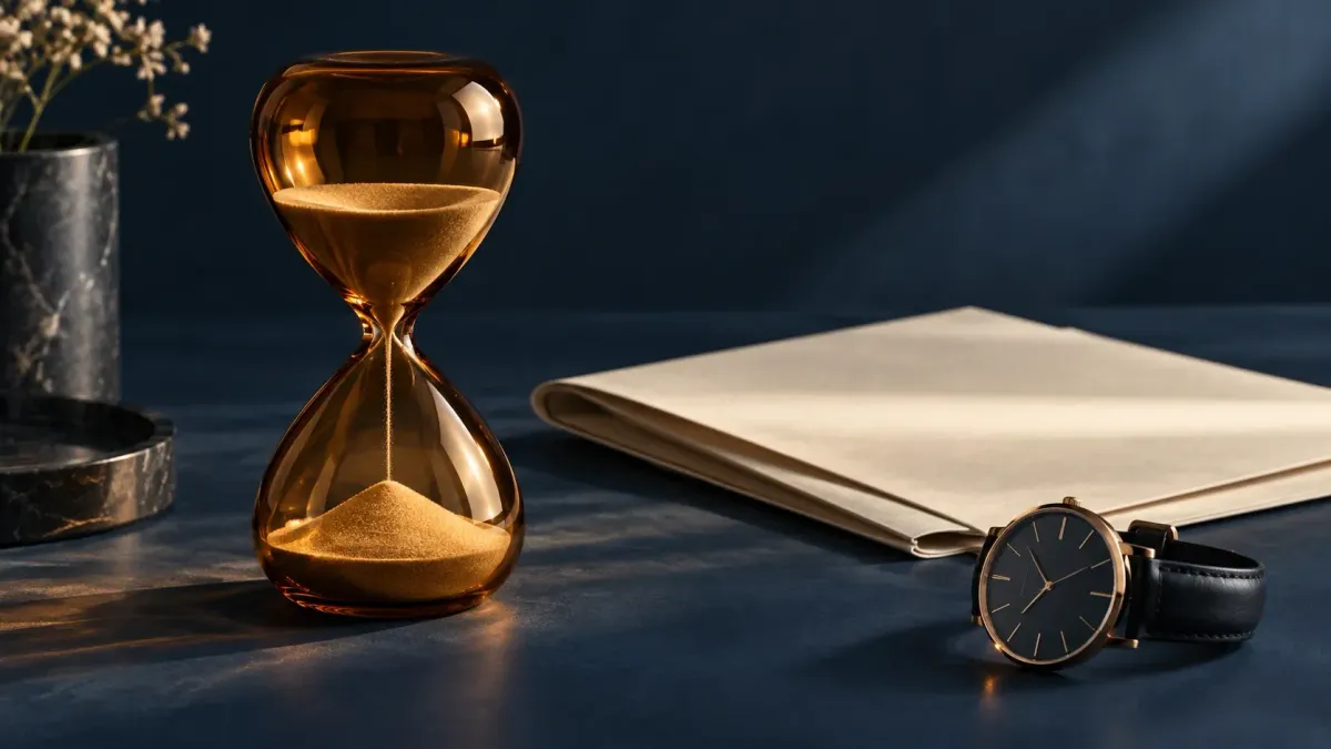 Eine bernsteinfarbene Sanduhr steht neben einem gefalteten Dokument und einer Armbanduhr.