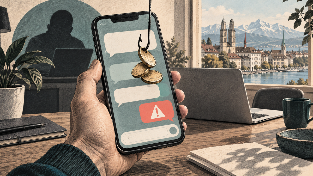 Symbolische Illustration eines Smartphones mit Chatblasen und einem Angelhaken, der Münzen abzieht.