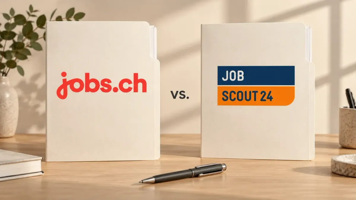 Zwei hochwertige Bewerbungsordner mit jobs.ch- und JobScout24-Logo auf einem hellen Schreibtisch.