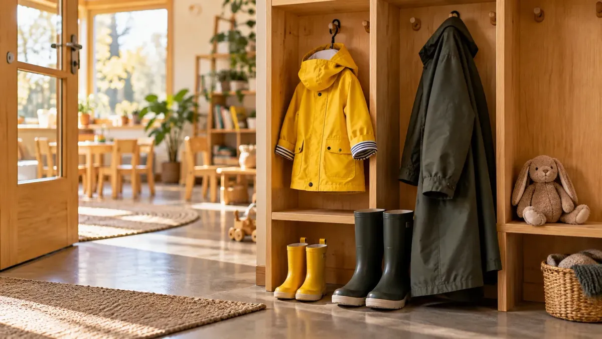 Gelber Kinderregenmantel und kleine Gummistiefel neben Erwachsenenkleidung in einer warmen Holzgarderobe.