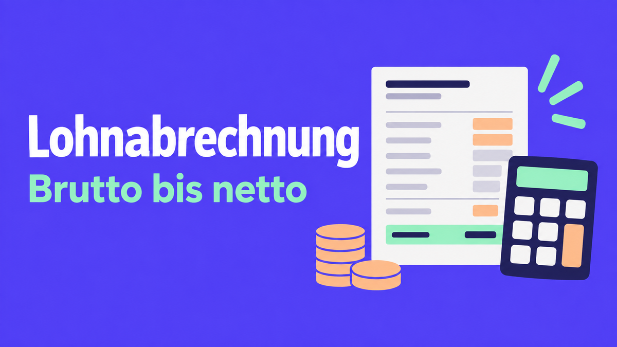 Flache Illustration einer Lohnabrechnung und eines Taschenrechners auf violettem Hintergrund.