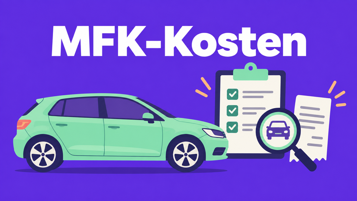 Flache 2D-Illustration eines Autos mit Prüfblatt und Lupe vor violettem Hintergrund.