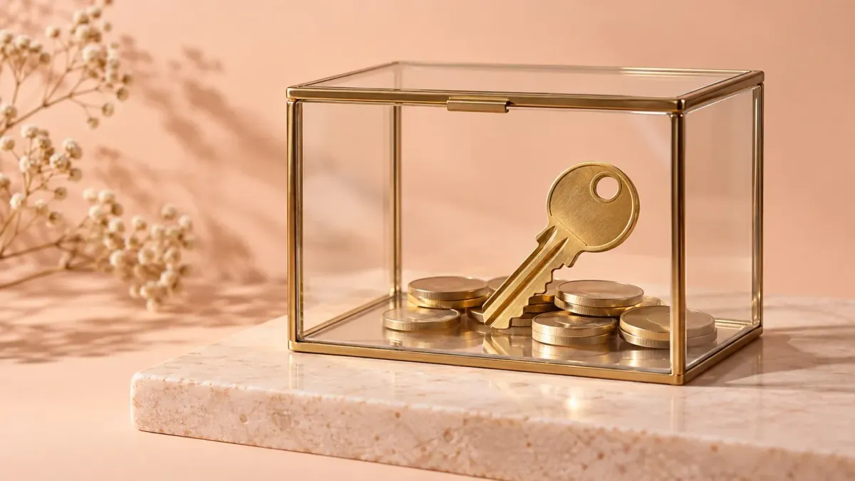 Ein goldfarbener Wohnungsschlüssel und Münzen liegen in einer transparenten Aufbewahrungsbox.