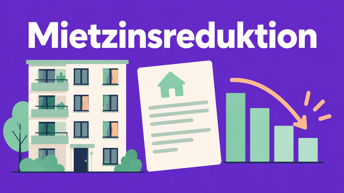 Flache 2D-Illustration eines Wohnhauses mit Mietzinsblatt und sinkendem Diagramm.