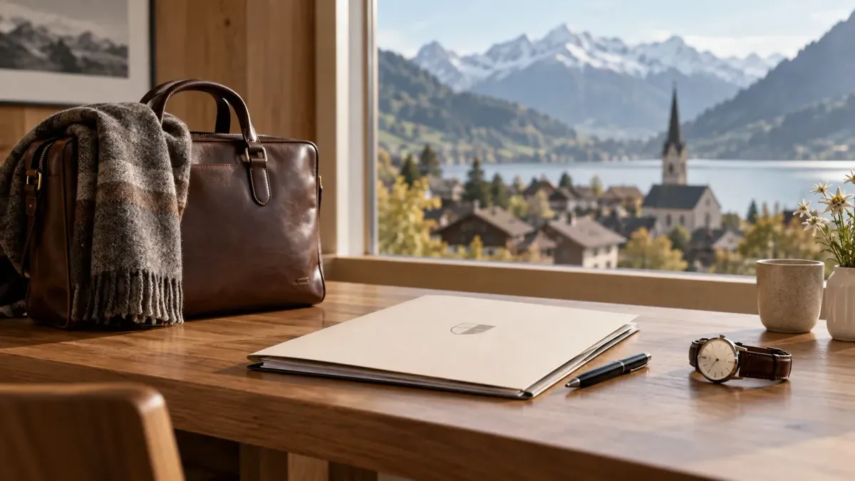 Eine Ledertasche, eine Armbanduhr und eine Mappe für Gemeindeunterlagen liegen auf einem Holzschreibtisch.