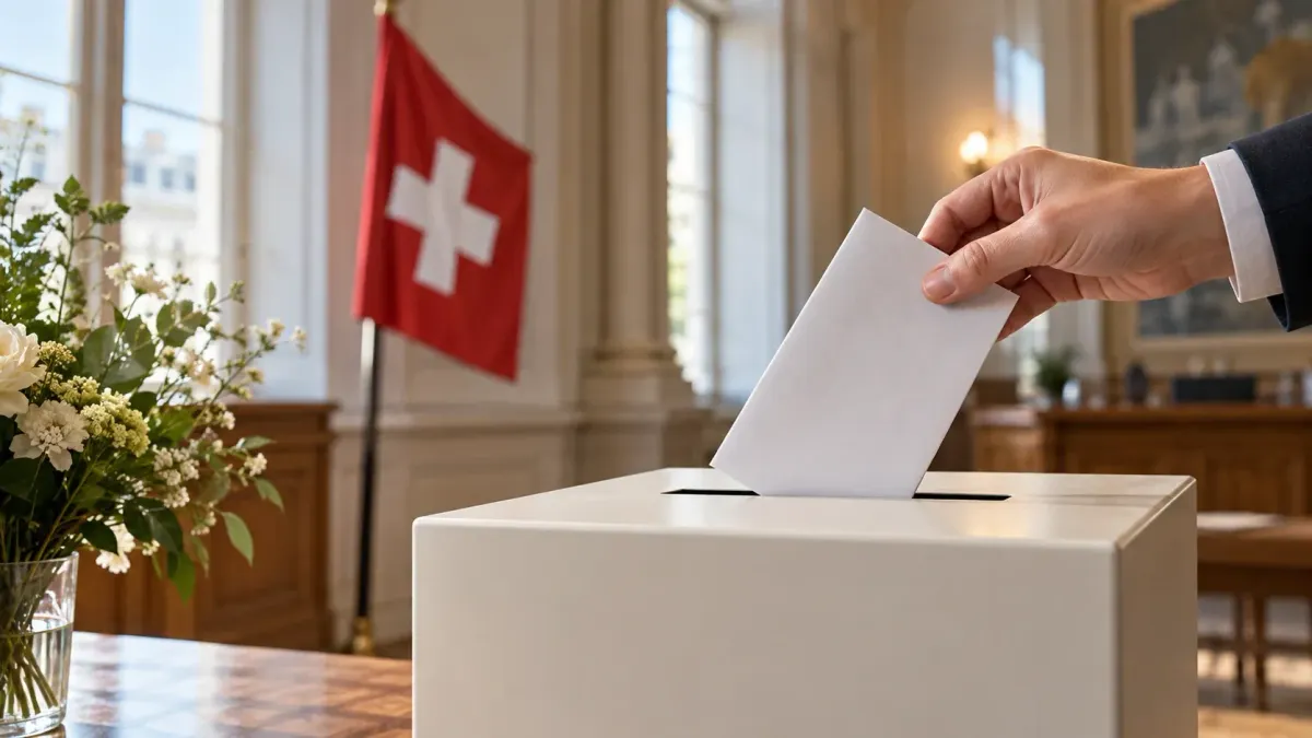 Eine Hand wirft einen weissen Stimmzettel in eine helle Urne; im Hintergrund steht eine Schweizer Fahne.