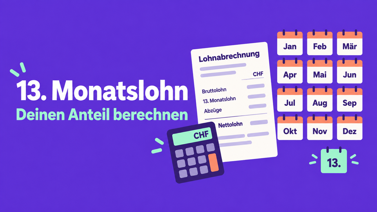 Flache 2D-Illustration mit Lohnabrechnung, Rechner und Kalender zum 13. Monatslohn.