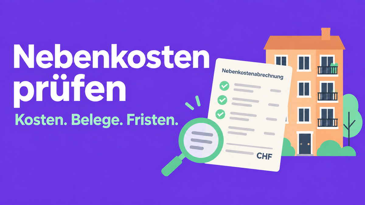 Flache 2D-Illustration mit Rechnung, Lupe und Wohnhaus zur Prüfung der Nebenkosten.