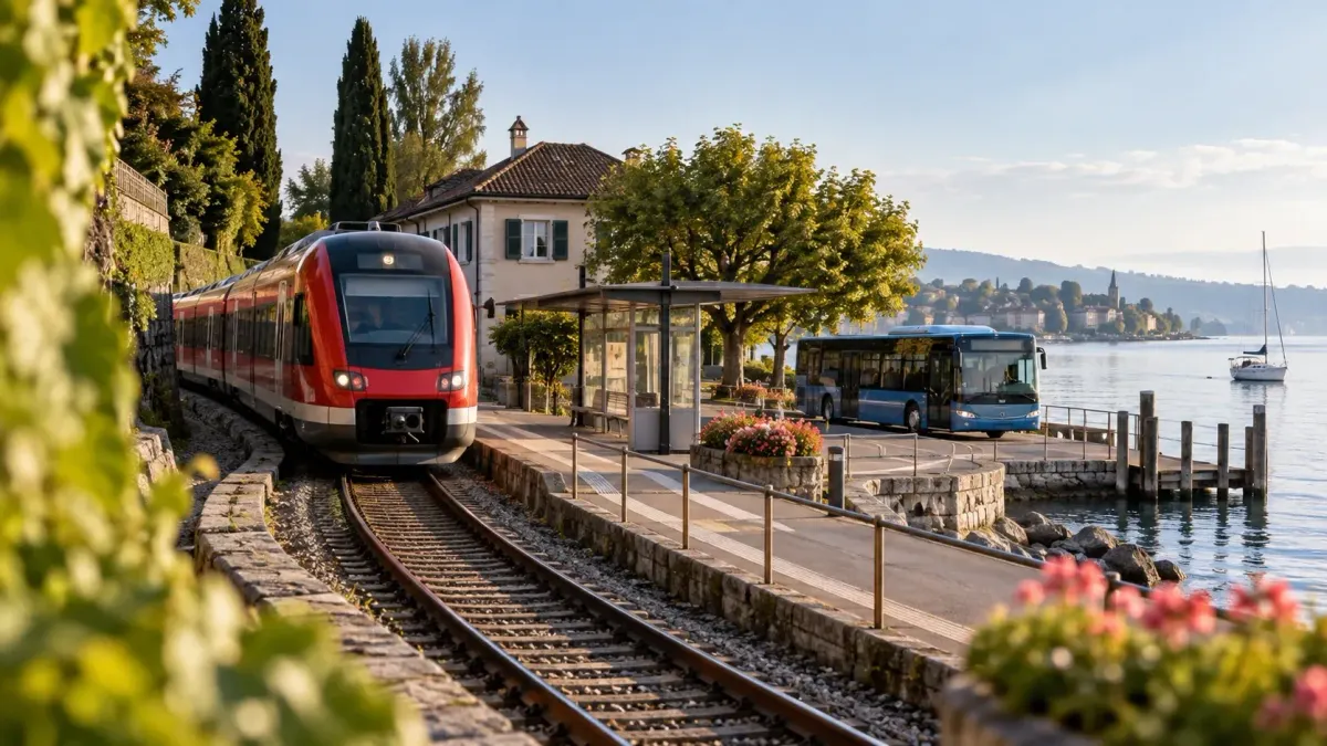 Roter Zug und blauer Bus an einem kleinen Bahnhof neben einem See.
